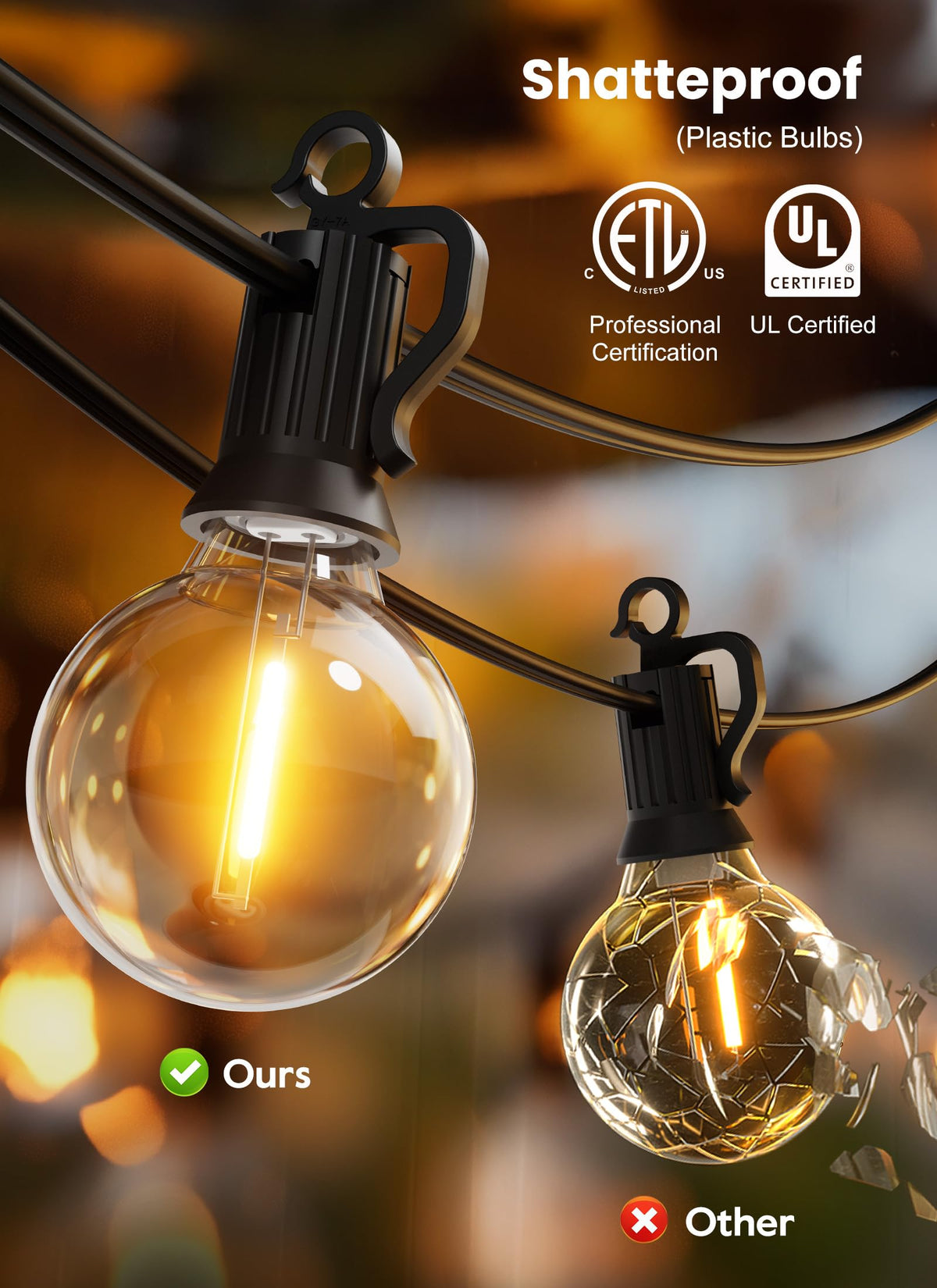 Brightown 25ft Outdoor String Lights – 12+1 G40 LED, Shatterproof, IP65, Dimmable & Connectable