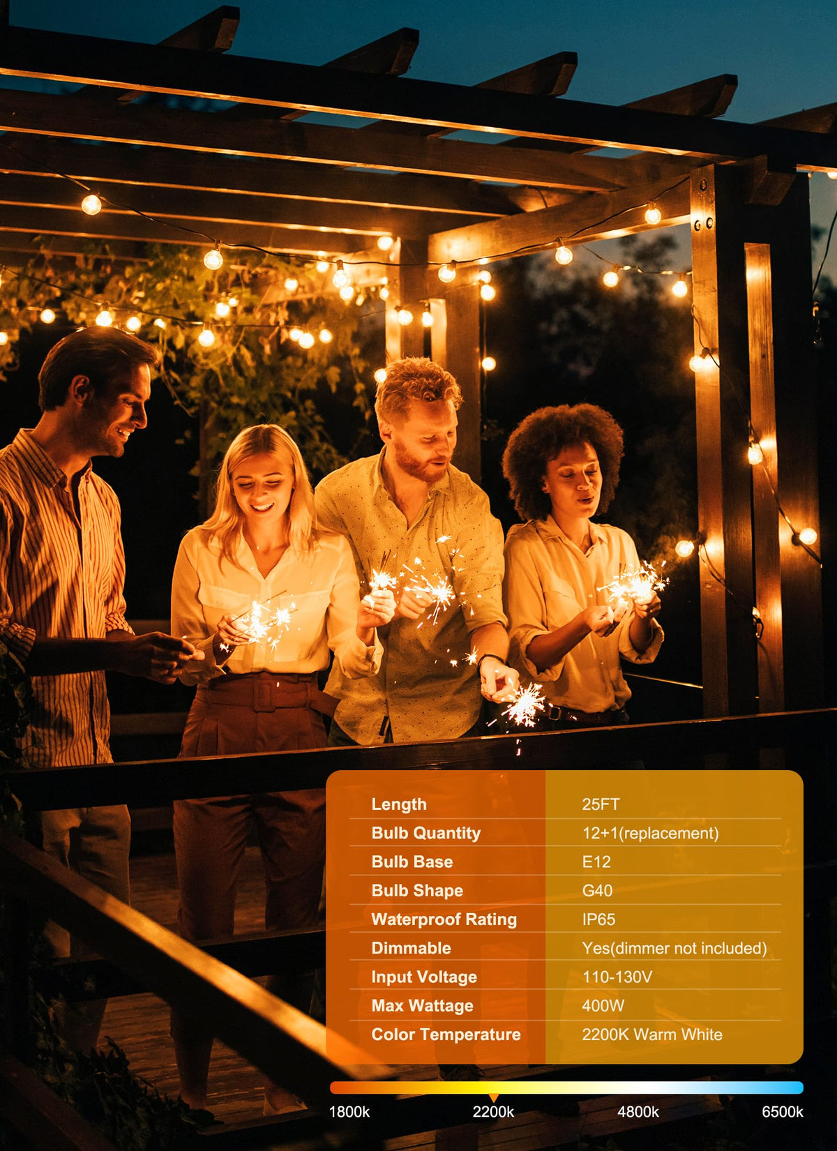 Brightown 25ft Outdoor String Lights – 12+1 G40 LED, Shatterproof, IP65, Dimmable & Connectable