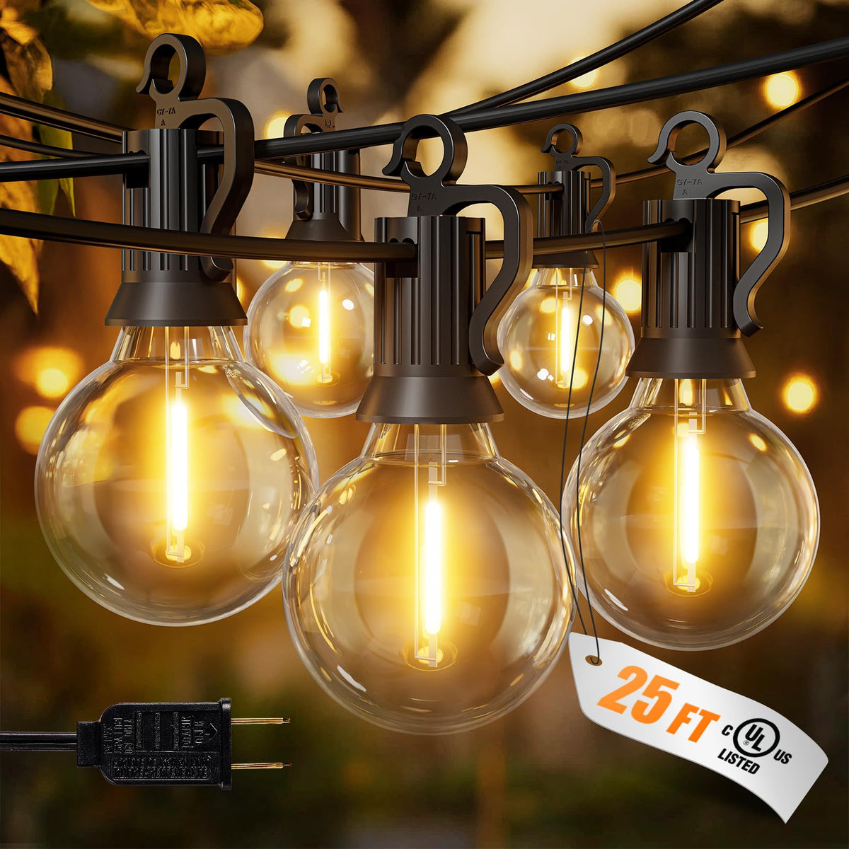 Brightown 25ft Outdoor String Lights – 12+1 G40 LED, Shatterproof, IP65, Dimmable & Connectable