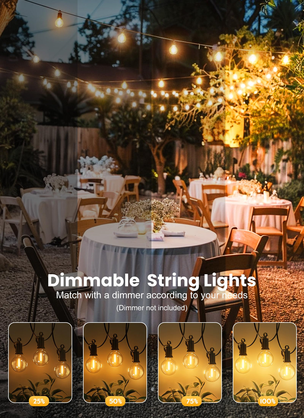 Brightown 25ft Outdoor String Lights – 12+1 G40 LED, Shatterproof, IP65, Dimmable & Connectable