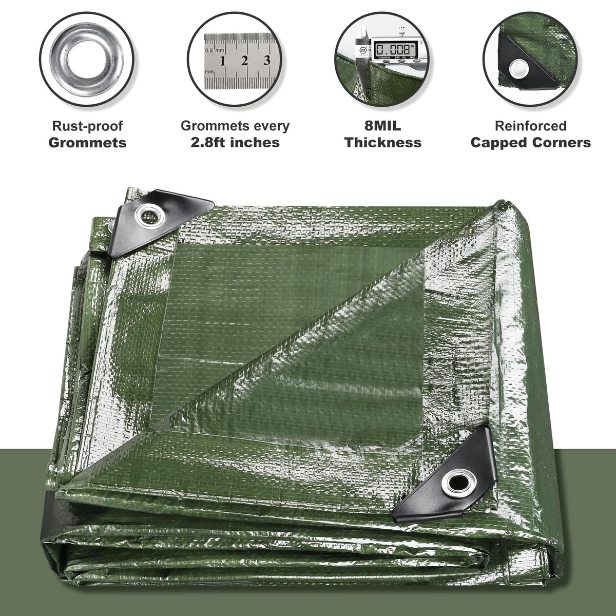 BSRHOME Tarps Waterproof 8x10 ft – 2 Pack, Heavy-Duty Green Tarp with Aluminum Grommets