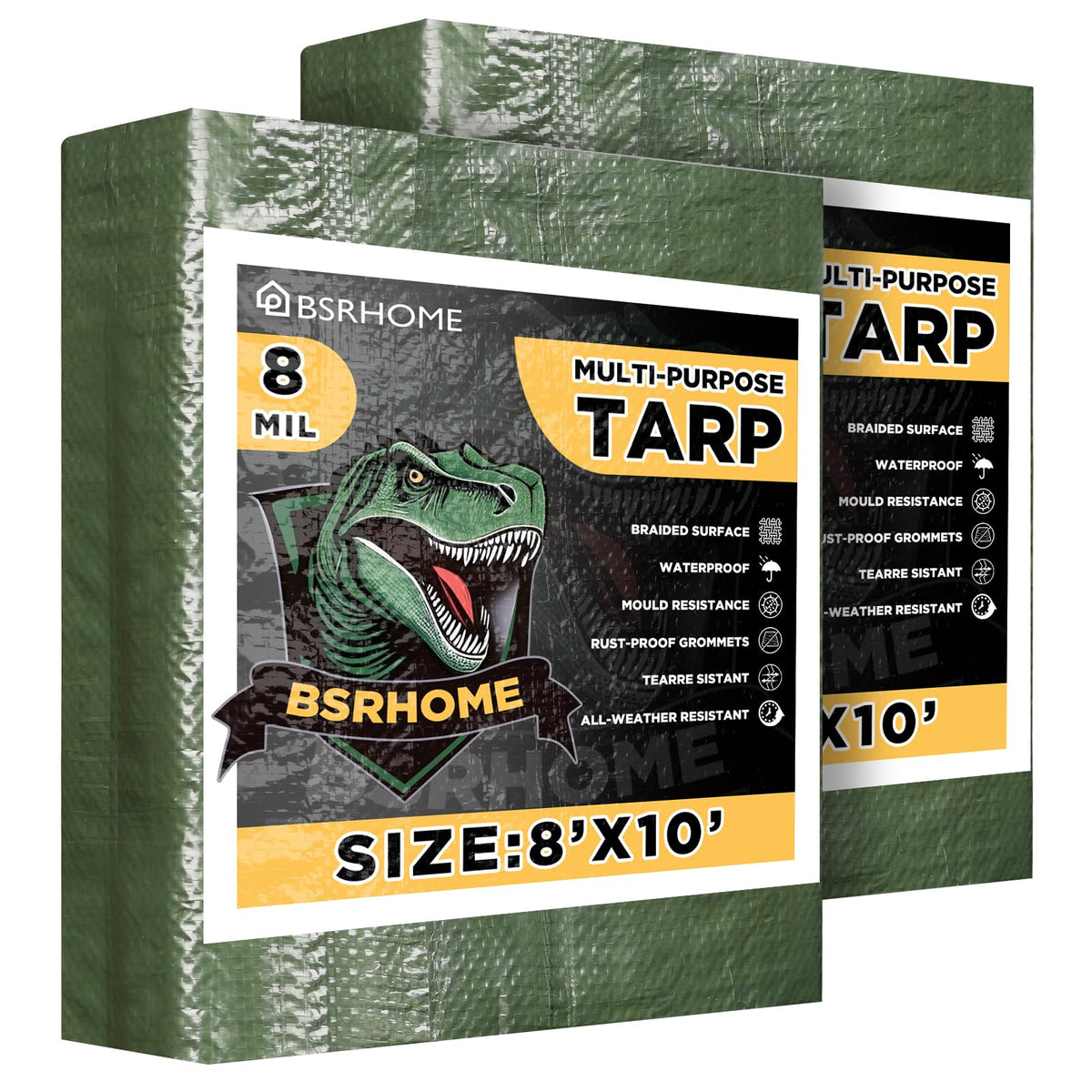 BSRHOME Tarps Waterproof 8x10 ft – 2 Pack, Heavy-Duty Green Tarp with Aluminum Grommets
