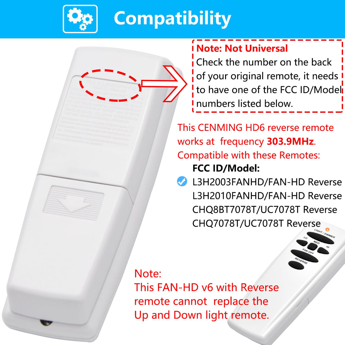 CENMING Replacement Remote for Hampton Bay Hunter Ceiling Fans – 303.9MHz, Reverse Light Dimmer, Wall Mount (Remote Only)
