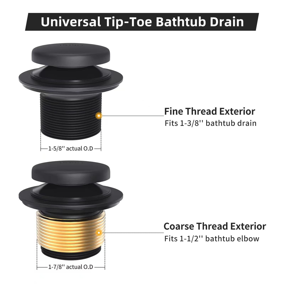 Citymoor Matte Black Bath Tub Drain & Overflow Kit – Universal All-Metal Tip-Toe