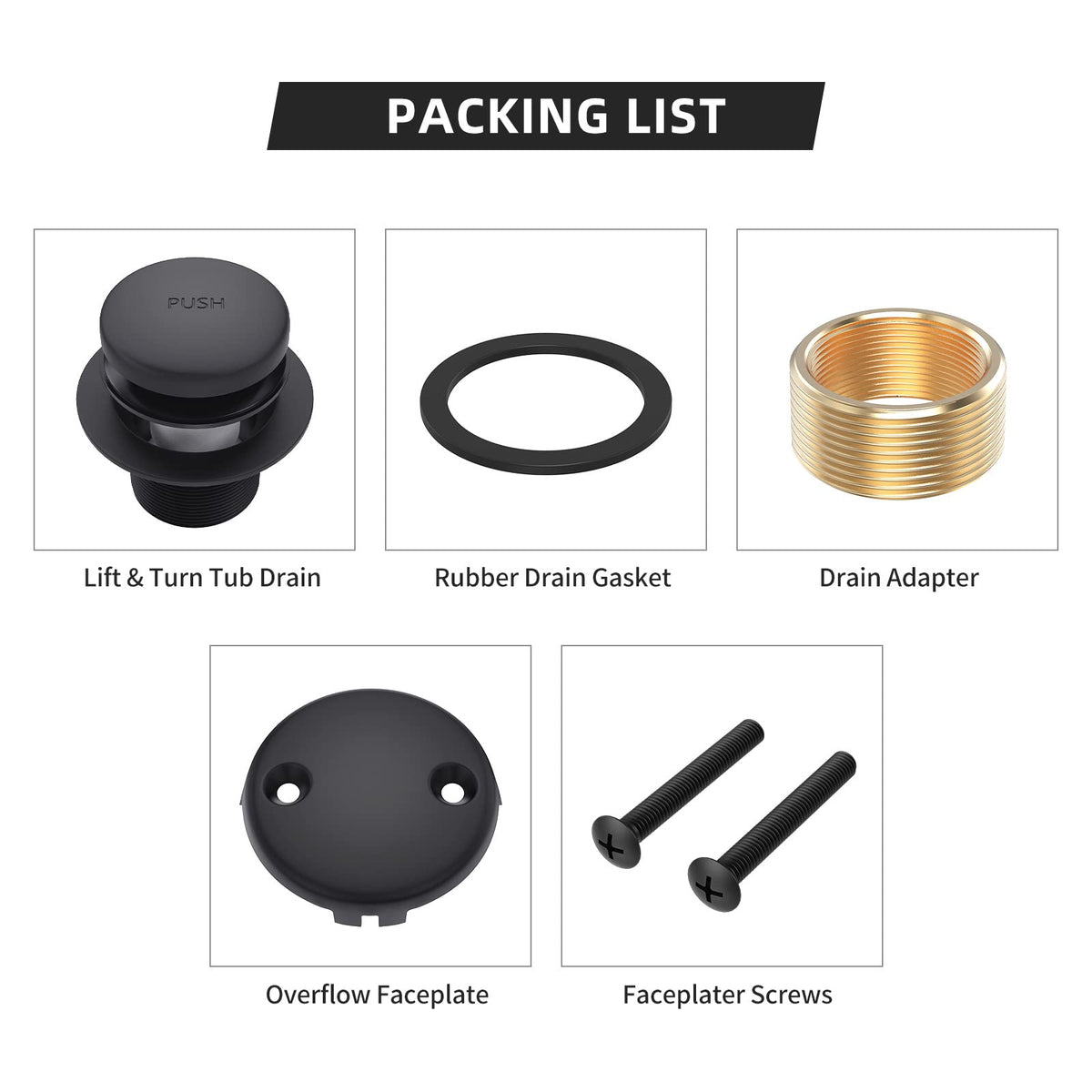 Citymoor Matte Black Bath Tub Drain & Overflow Kit – Universal All-Metal Tip-Toe