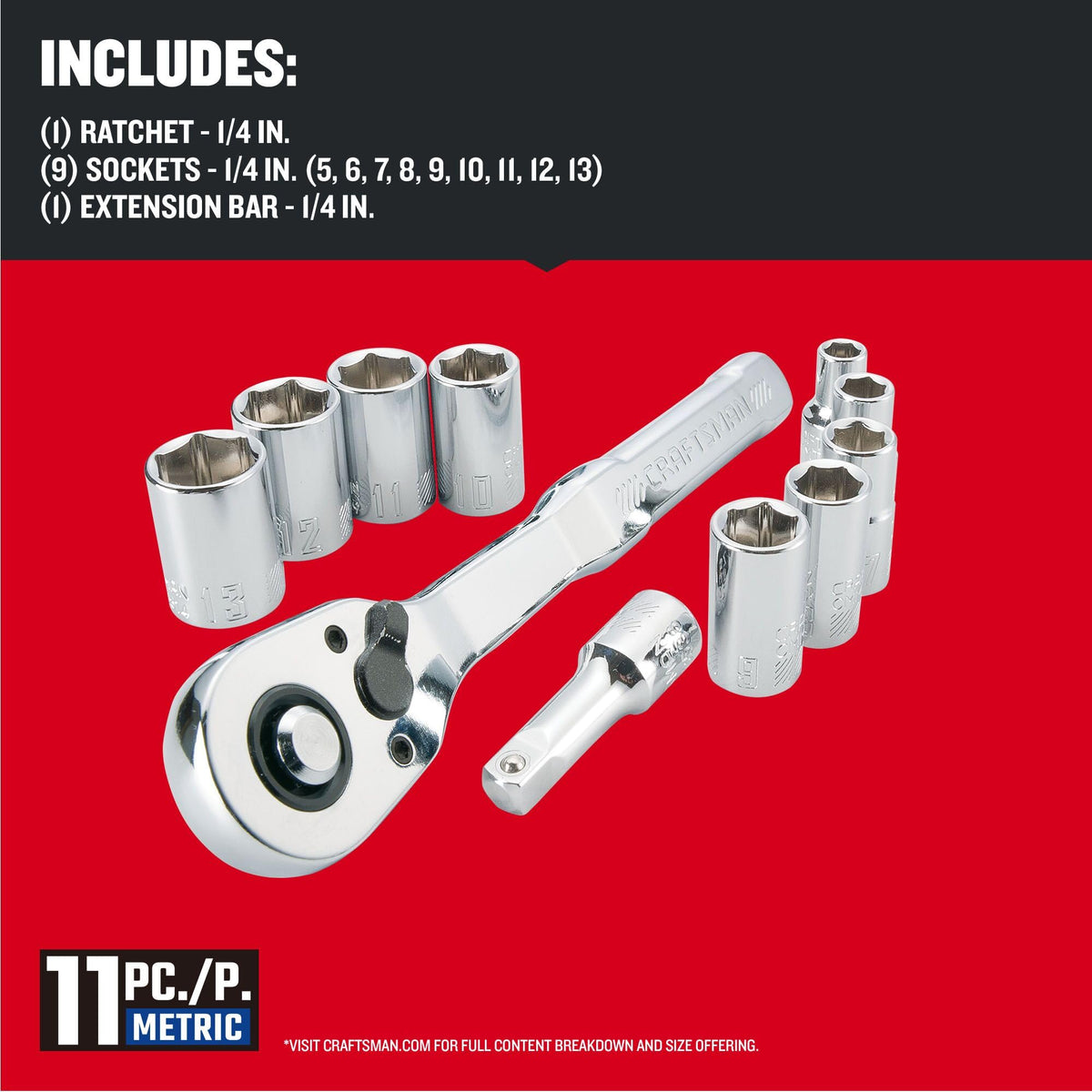 CRAFTSMAN 11-Pc Metric Mechanics Tool Set – 1/4 in Drive, 72-Tooth Ratchet