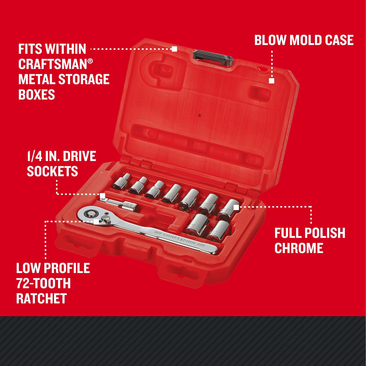 CRAFTSMAN 11-Pc Metric Mechanics Tool Set – 1/4 in Drive, 72-Tooth Ratchet