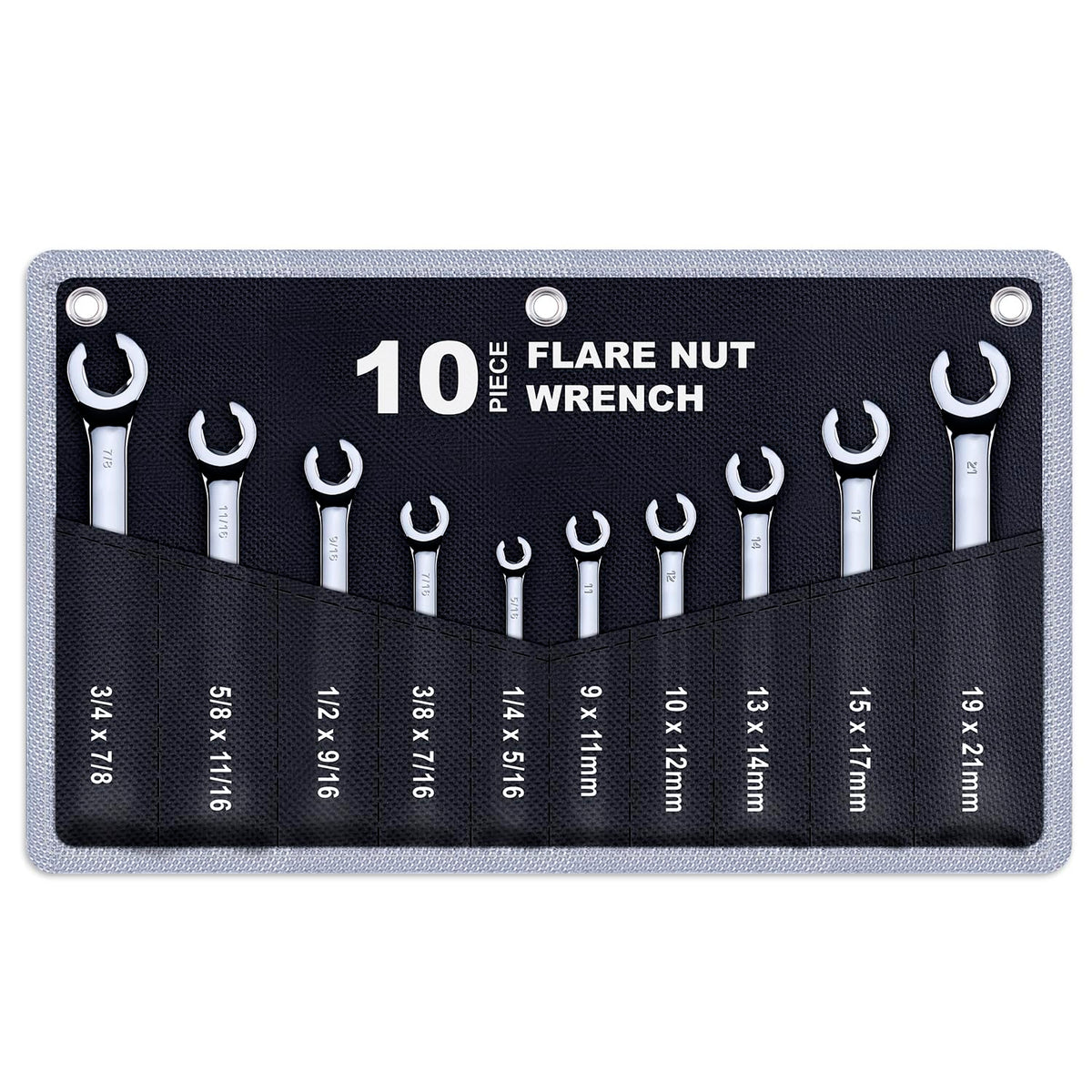 EFFICERE 10-Piece Flare Nut Wrench Set | Metric 9mm-21mm & SAE 1/4-7/8 in | Cr-V Steel