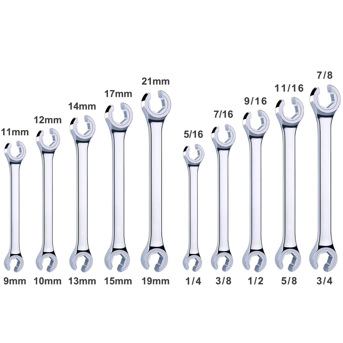 EFFICERE 10-Piece Flare Nut Wrench Set | Metric 9mm-21mm & SAE 1/4-7/8 in | Cr-V Steel