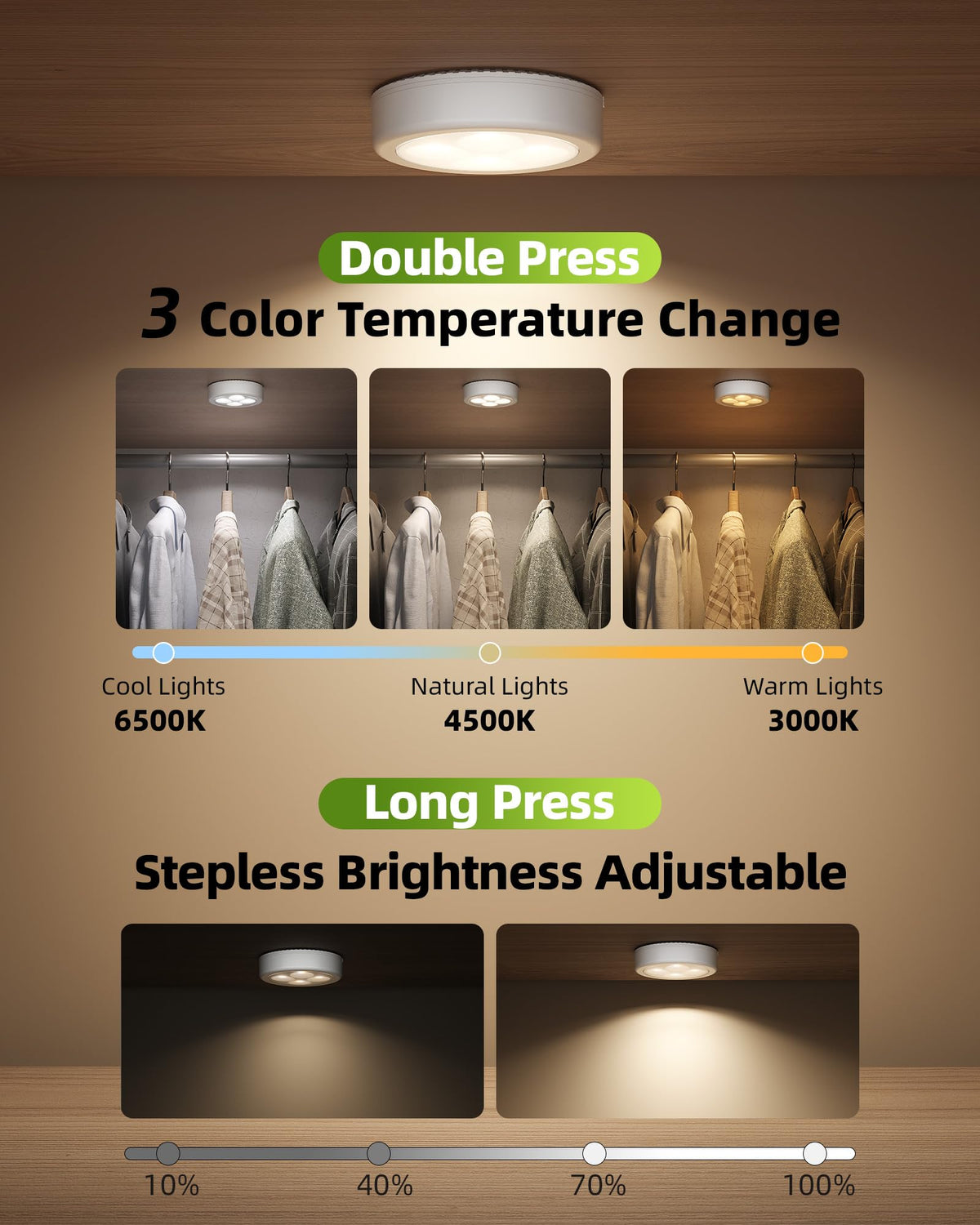 EZVALO LED Puck Lights, Rechargeable 2.5-Inch Tap Lights, 3 Color Temps, Wireless Under-Cabinet Lighting – 2 Pack