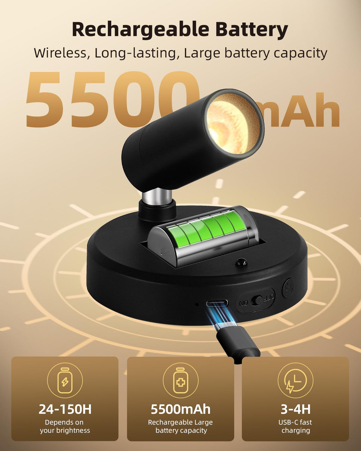 EZVALO Wireless LED Spotlight Indoor – Rechargeable 5500mAh, 3-CCT, Remote