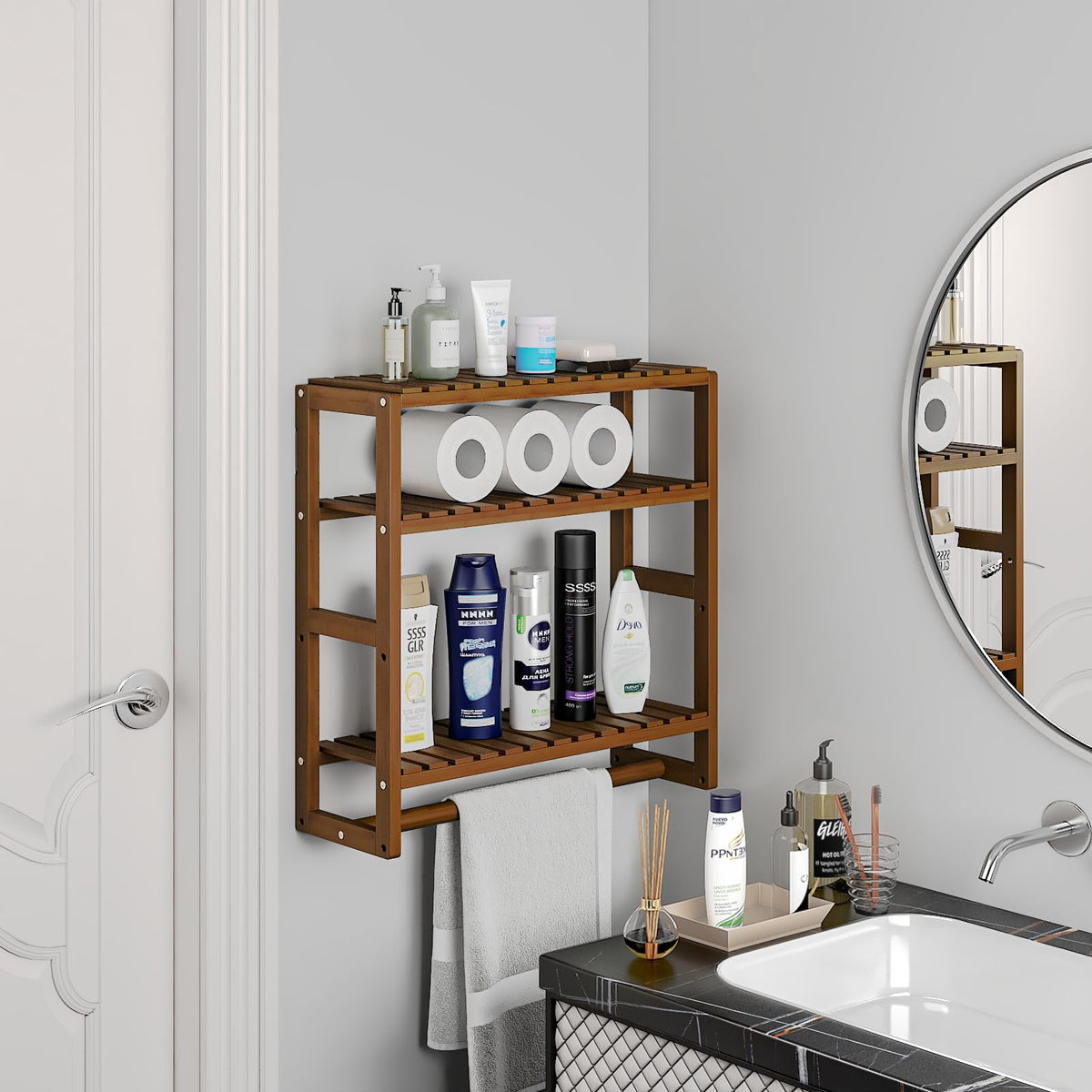 Galood Over The Toilet Storage – 3-Tier Bamboo Wall Shelf with Hanging Rod