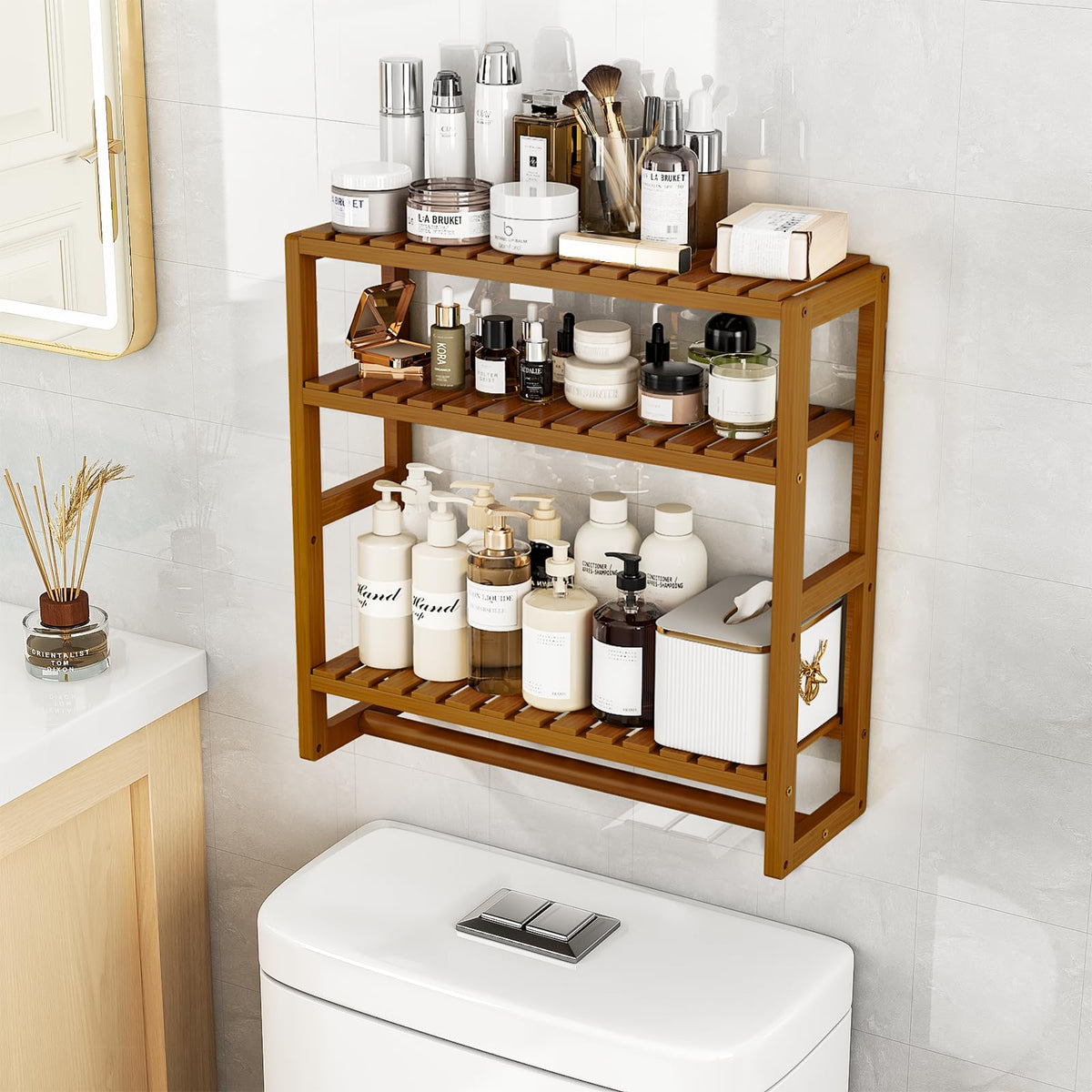 Galood Over The Toilet Storage – 3-Tier Bamboo Wall Shelf with Hanging Rod