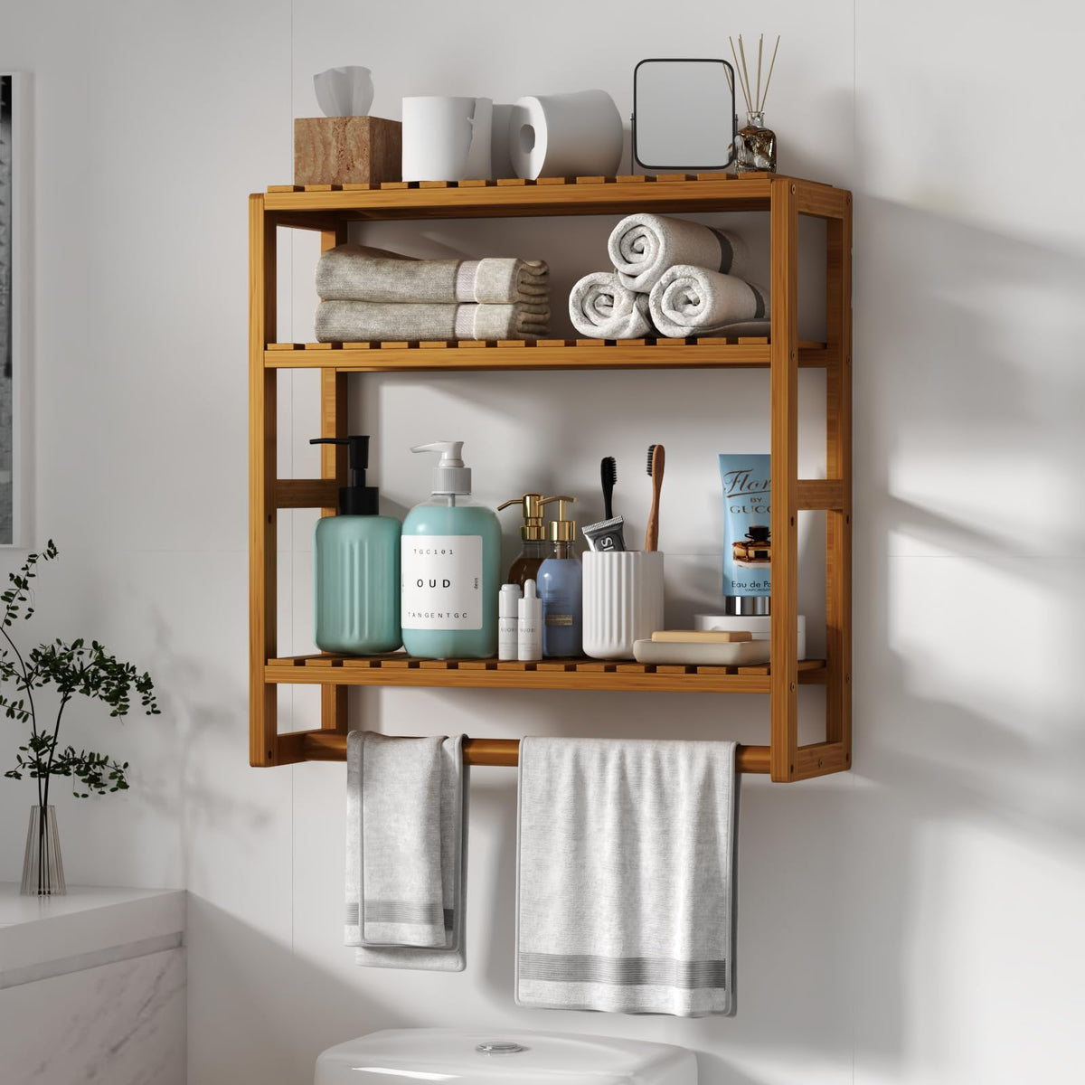 Galood Over The Toilet Storage – 3-Tier Bamboo Wall Shelf with Hanging Rod