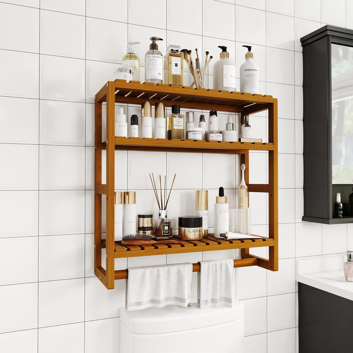 Galood Over The Toilet Storage – 3-Tier Bamboo Wall Shelf with Hanging Rod