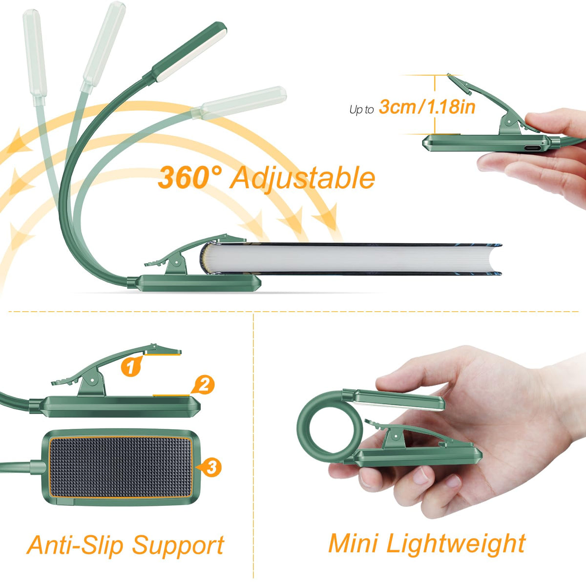 Gritin 9 LED Rechargeable Book Light - Eye-Caring, 3 Color Temps, Stepless Dimming, 80h Runtime, Clip-On (Green)