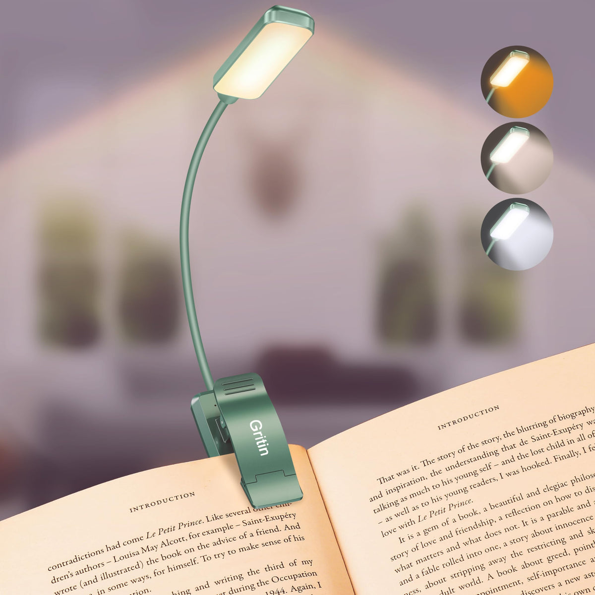 Gritin 9 LED Rechargeable Book Light - Eye-Caring, 3 Color Temps, Stepless Dimming, 80h Runtime, Clip-On (Green)