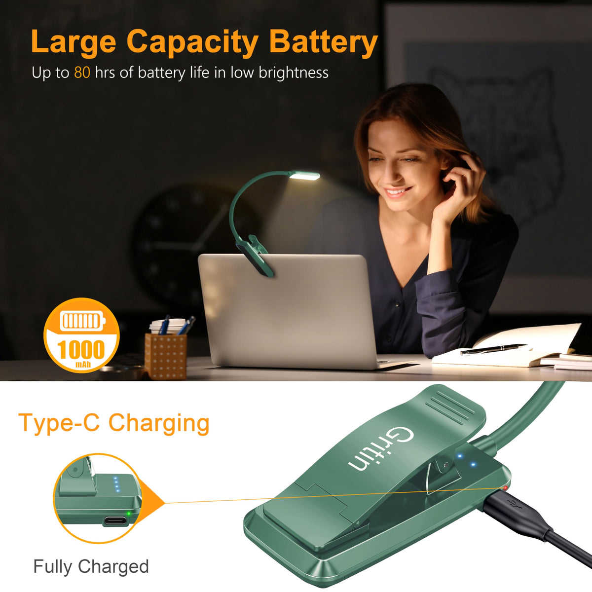 Gritin 9 LED Rechargeable Book Light - Eye-Caring, 3 Color Temps, Stepless Dimming, 80h Runtime, Clip-On (Green)