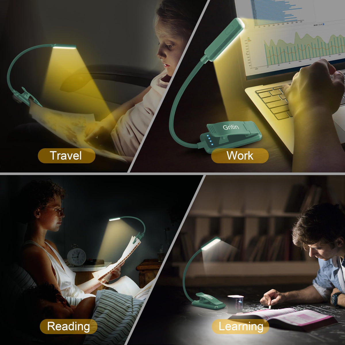 Gritin 9 LED Rechargeable Book Light - Eye-Caring, 3 Color Temps, Stepless Dimming, 80h Runtime, Clip-On (Green)