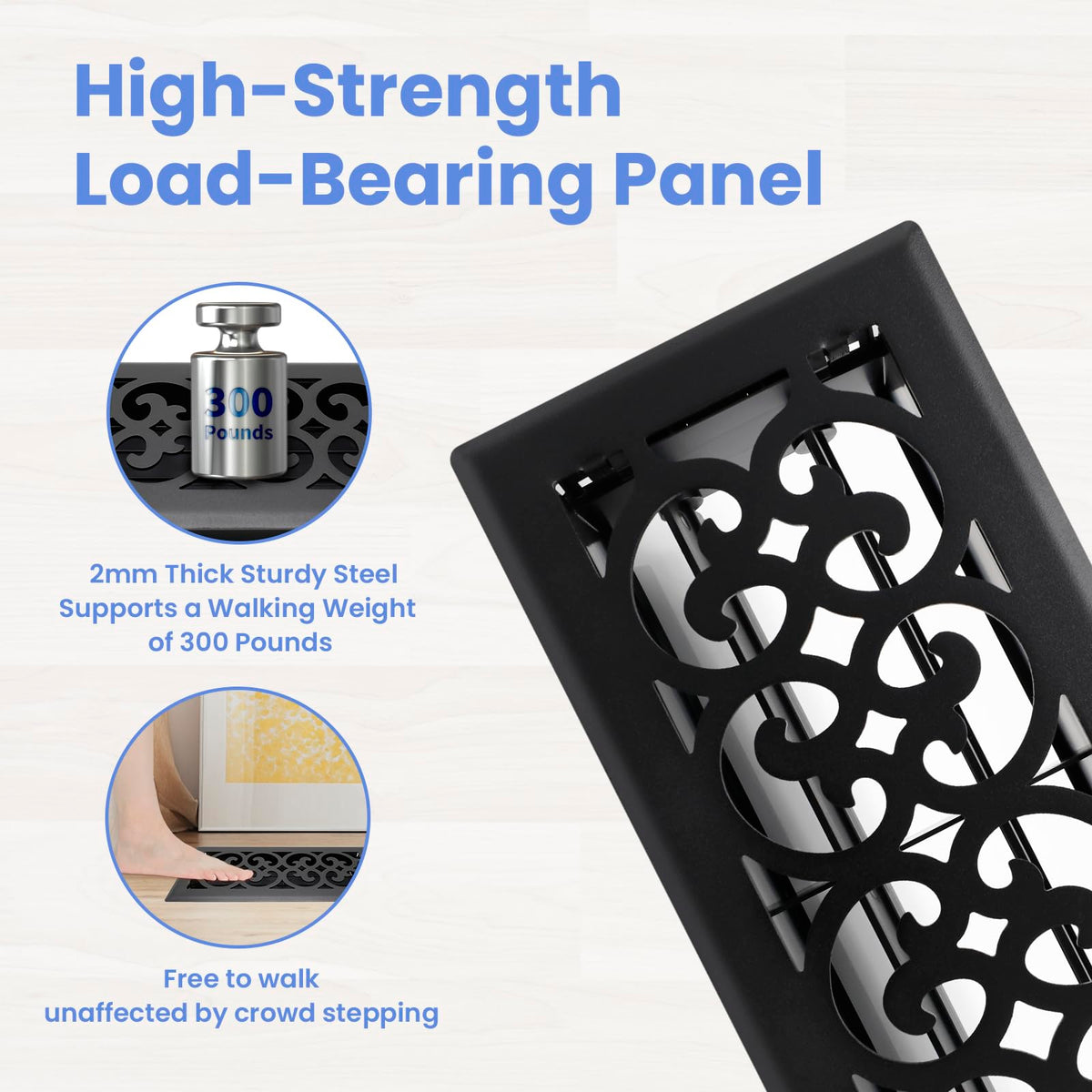 Howeall 4x10 Inches Heavy Duty Floor Register – Charlotte Design Matte Black | Adjustable Damper Floor Vent
