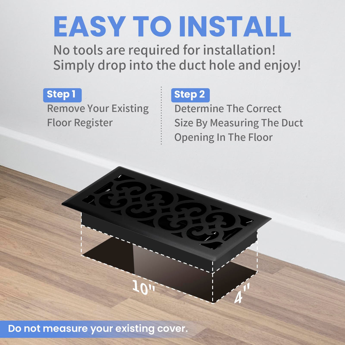 Howeall 4x10 Inches Heavy Duty Floor Register – Charlotte Design Matte Black | Adjustable Damper Floor Vent