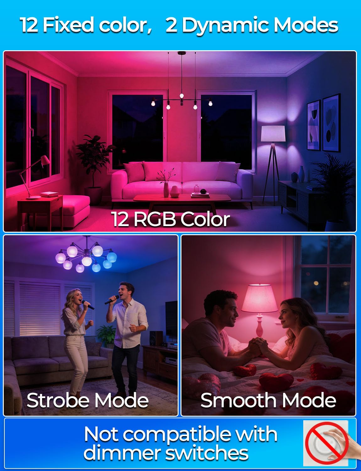 ILC RGB LED Light Bulb – Color Changing, 12 Colors, 40W Equivalent, 450LM, 2700K Warm White, Remote (4-Pack)