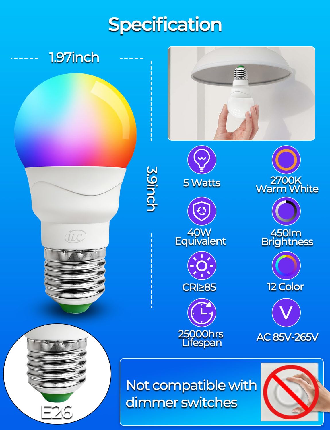 ILC RGB LED Light Bulb – Color Changing, 12 Colors, 40W Equivalent, 450LM, 2700K Warm White, Remote (4-Pack)