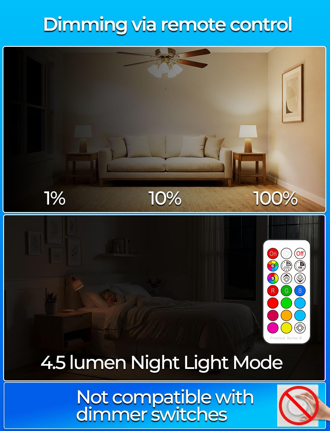 ILC RGB LED Light Bulb – Color Changing, 12 Colors, 40W Equivalent, 450LM, 2700K Warm White, Remote (4-Pack)