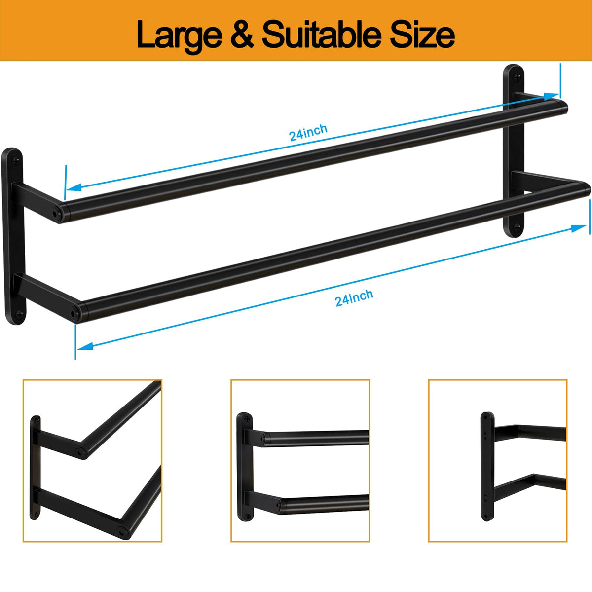JIAPAIDUO Double Towel Bar – 24-Inch Matte Black Wall Mount, Stainless Steel