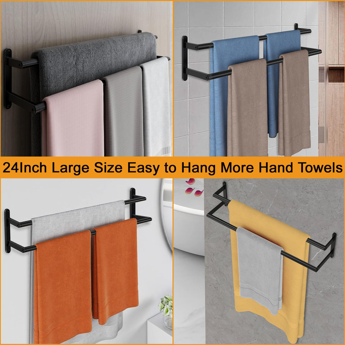 JIAPAIDUO Double Towel Bar – 24-Inch Matte Black Wall Mount, Stainless Steel