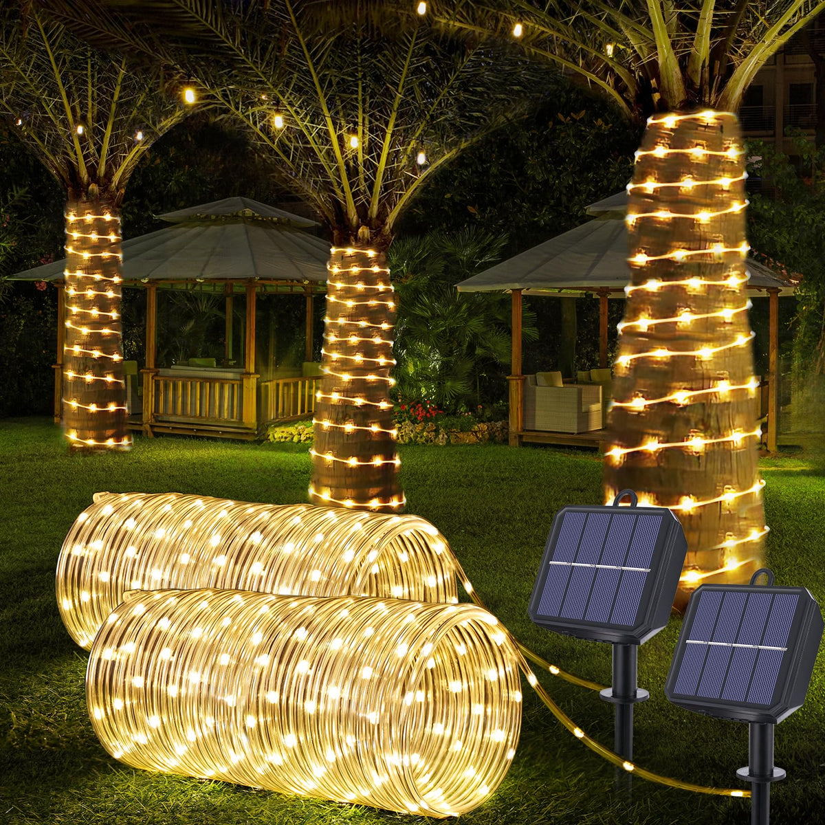 Jnaurb Solar Rope Lights – 66ft, 200LED, 2-Pack Outdoor Warm White Rope Lights with 8 Modes, IP65 Waterproof