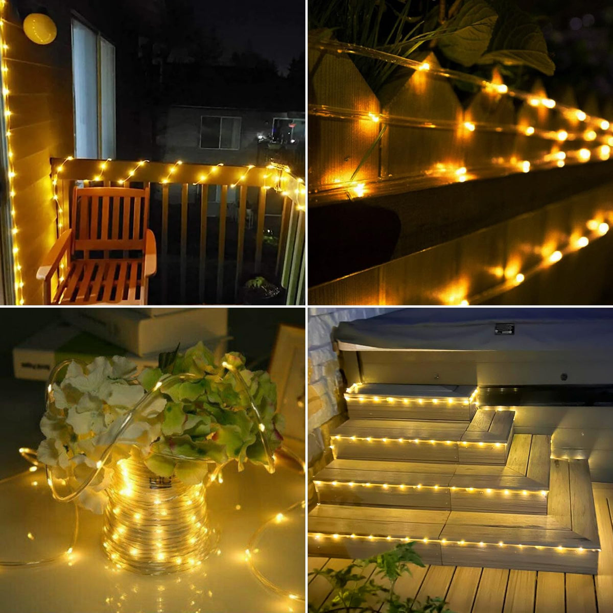 Jnaurb Solar Rope Lights – 66ft, 200LED, 2-Pack Outdoor Warm White Rope Lights with 8 Modes, IP65 Waterproof