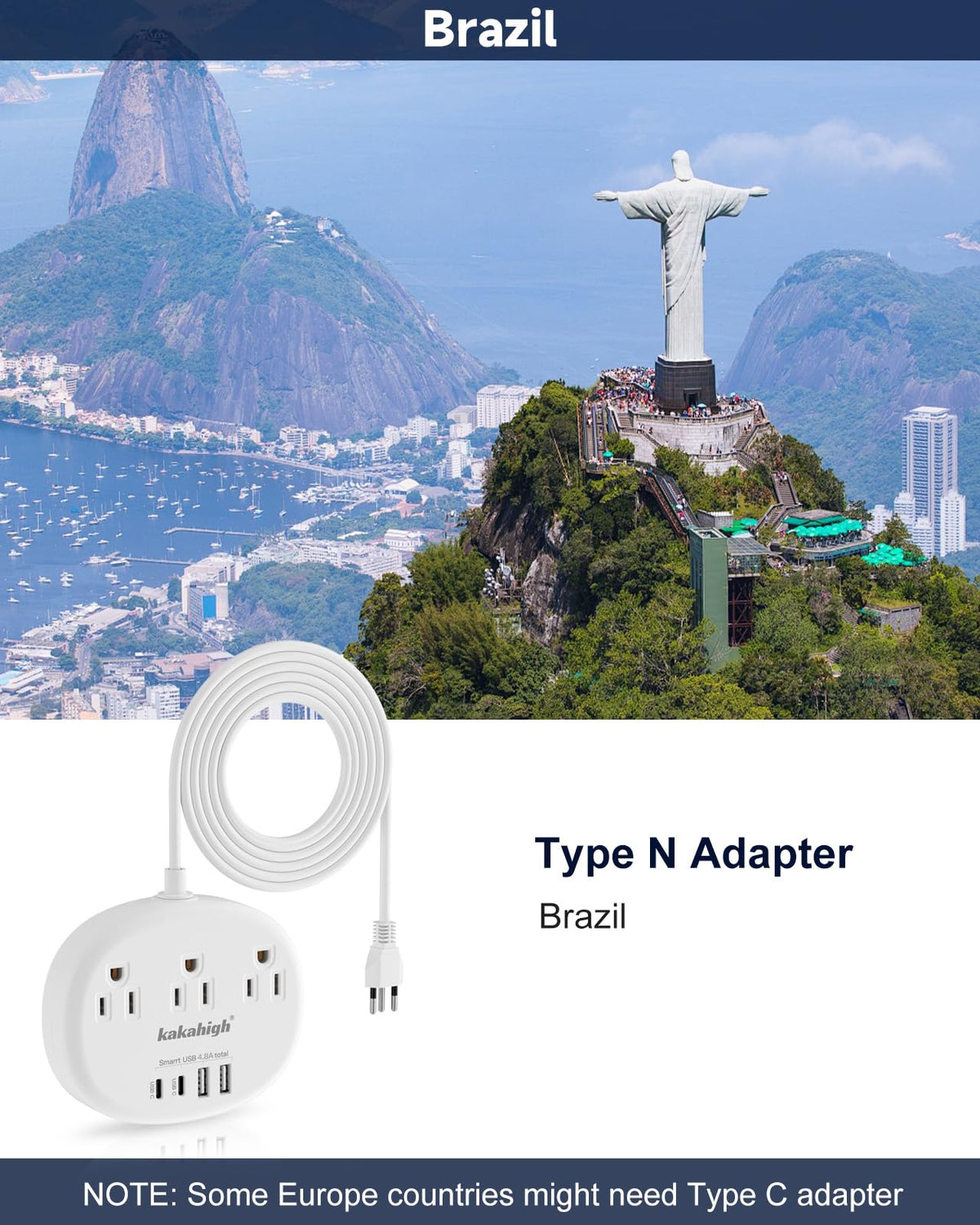 Kakahigh Brazil Power Adapter – 3 US Outlets, 4 USB Ports (2 USB-C), Type N, 3ft