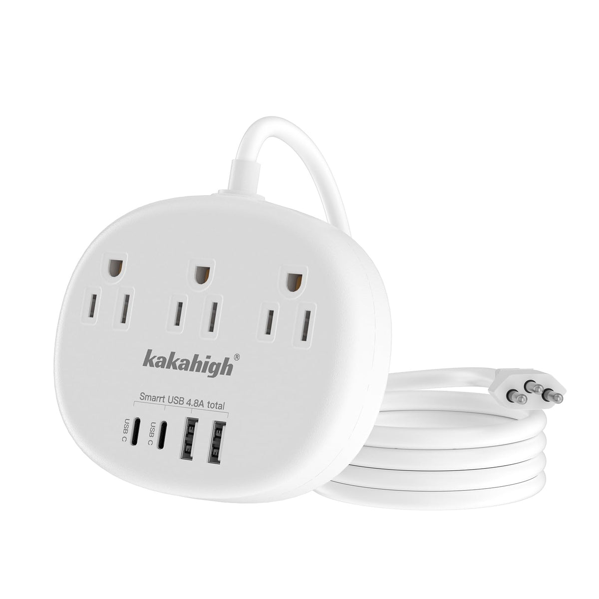 Kakahigh Brazil Power Adapter – 3 US Outlets, 4 USB Ports (2 USB-C), Type N, 3ft