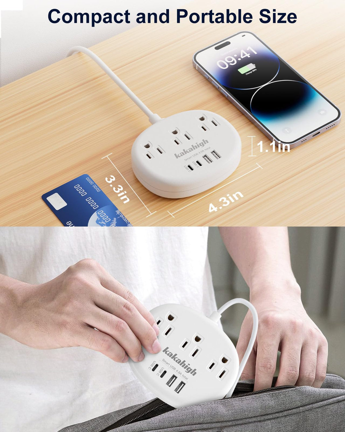 Kakahigh Brazil Power Adapter – 3 US Outlets, 4 USB Ports (2 USB-C), Type N, 3ft