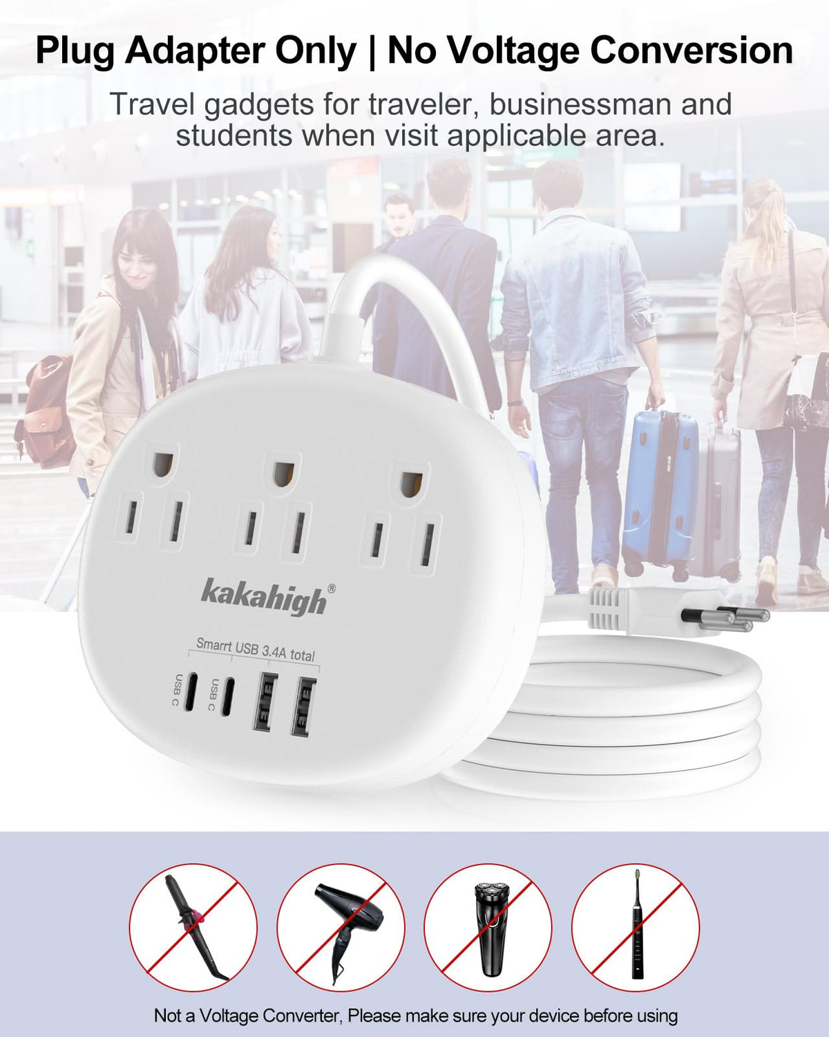 Kakahigh Brazil Power Adapter – 3 US Outlets, 4 USB Ports (2 USB-C), Type N, 3ft