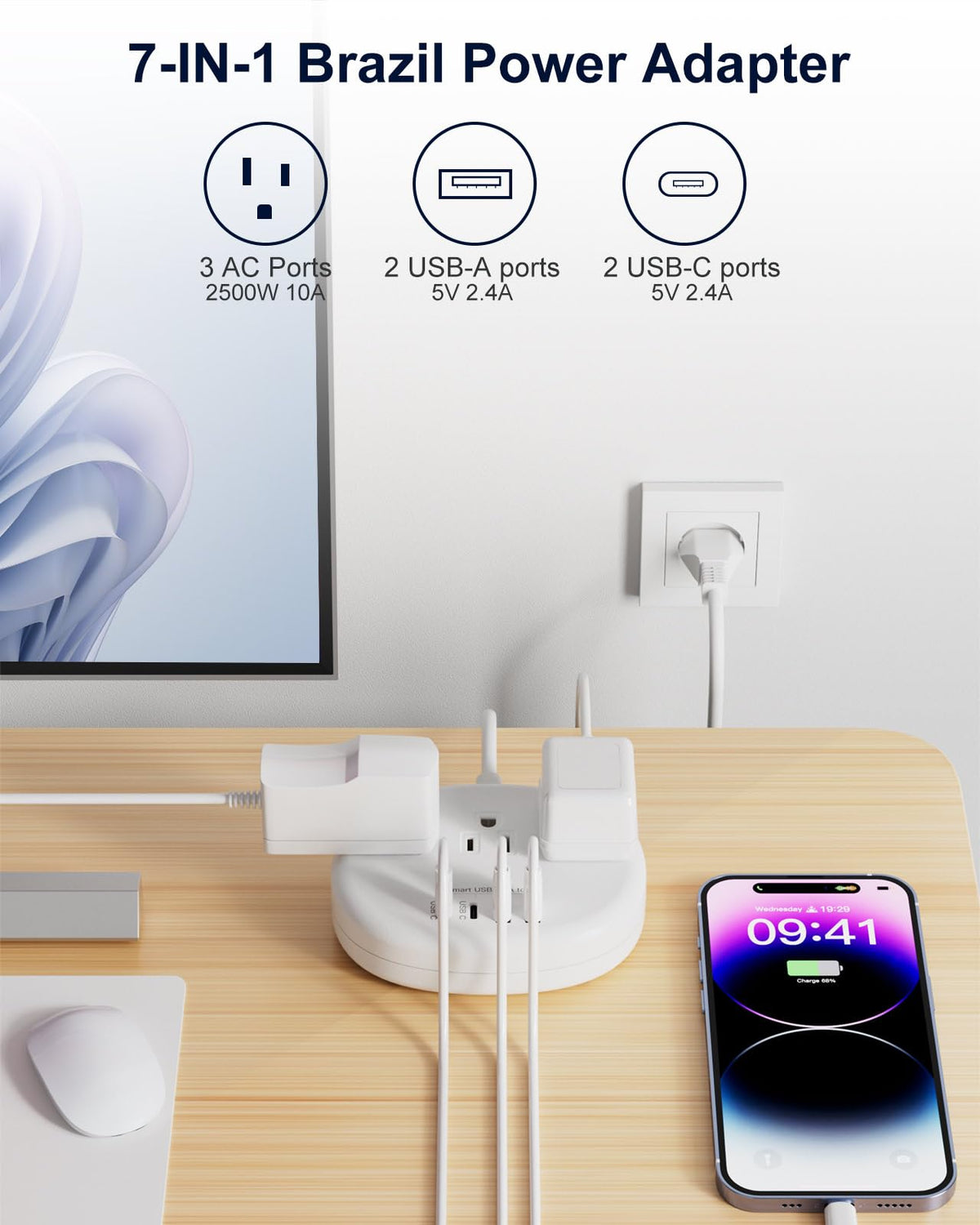 Kakahigh Brazil Power Adapter – 3 US Outlets, 4 USB Ports (2 USB-C), Type N, 3ft