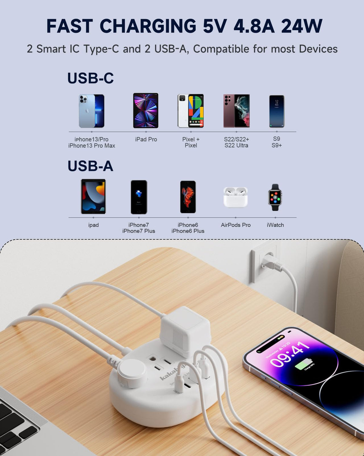 Kakahigh Brazil Power Adapter – 3 US Outlets, 4 USB Ports (2 USB-C), Type N, 3ft