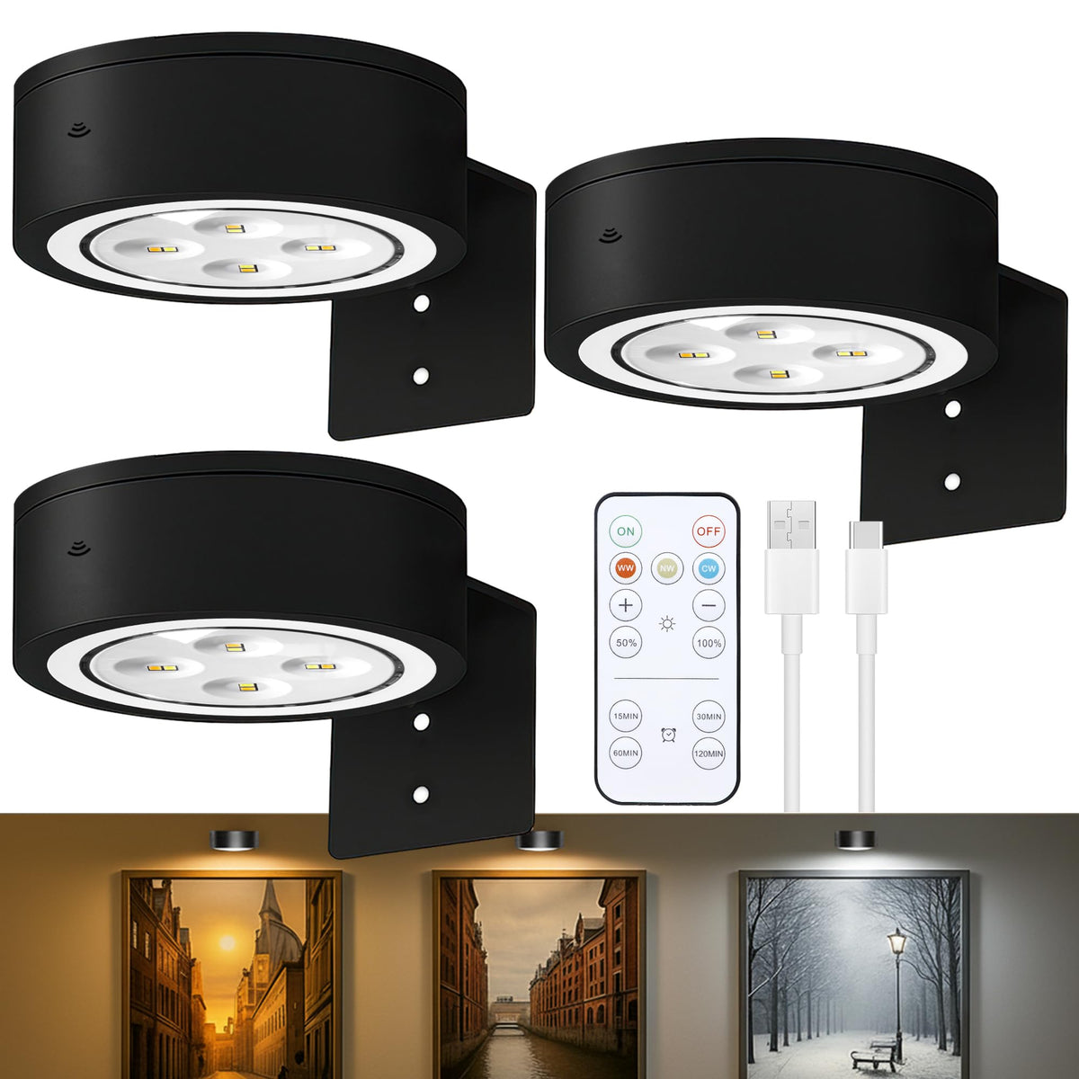 Kandicyar 3-Pack Picture Lights – Rechargeable LED Wall Lights with Remote, 3 CCT, Dimmable & Timer
