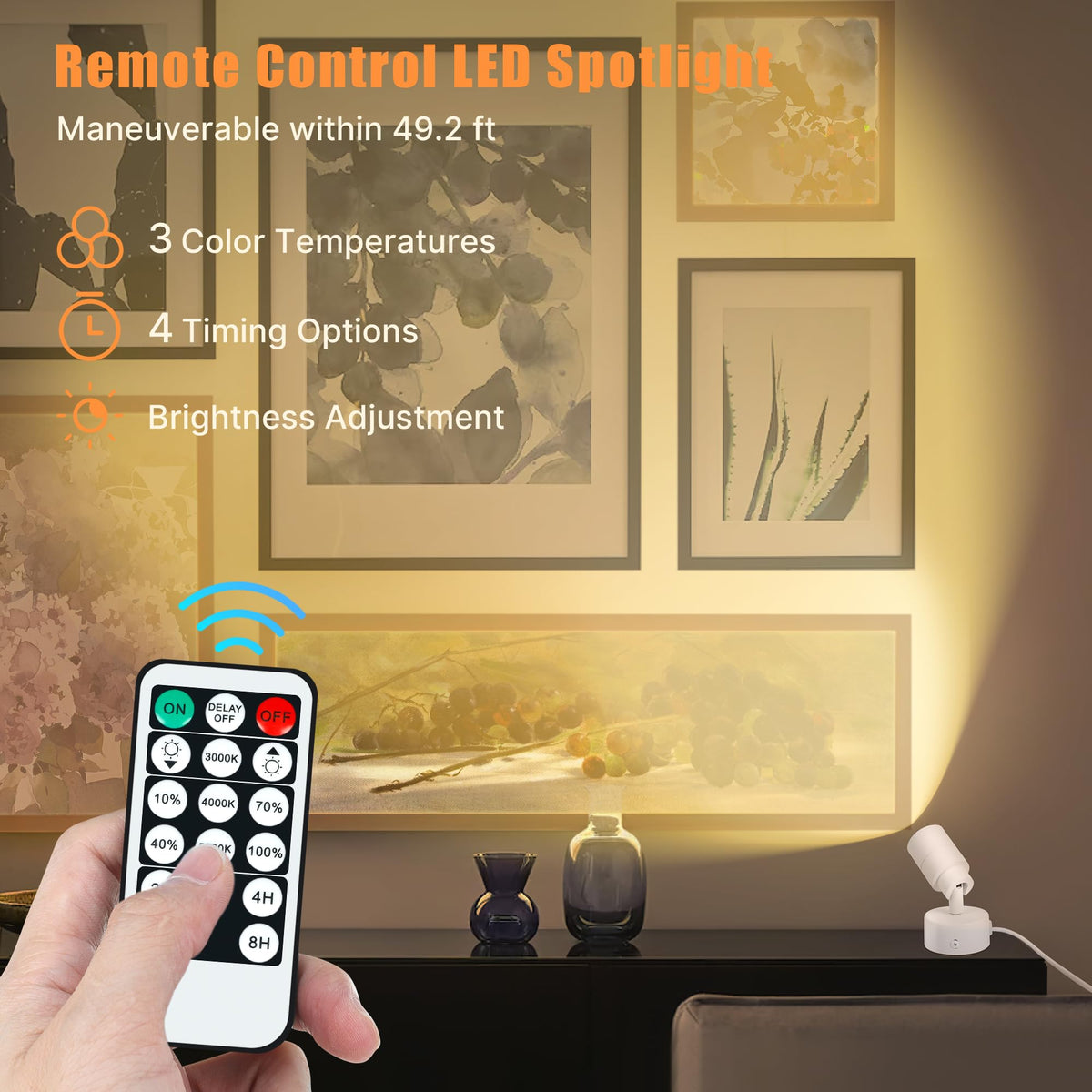 Kandicyar LED Spotlight 5W Indoor Uplighting – Remote, Dimmable, 3 CCT, Wall/Floor Mount