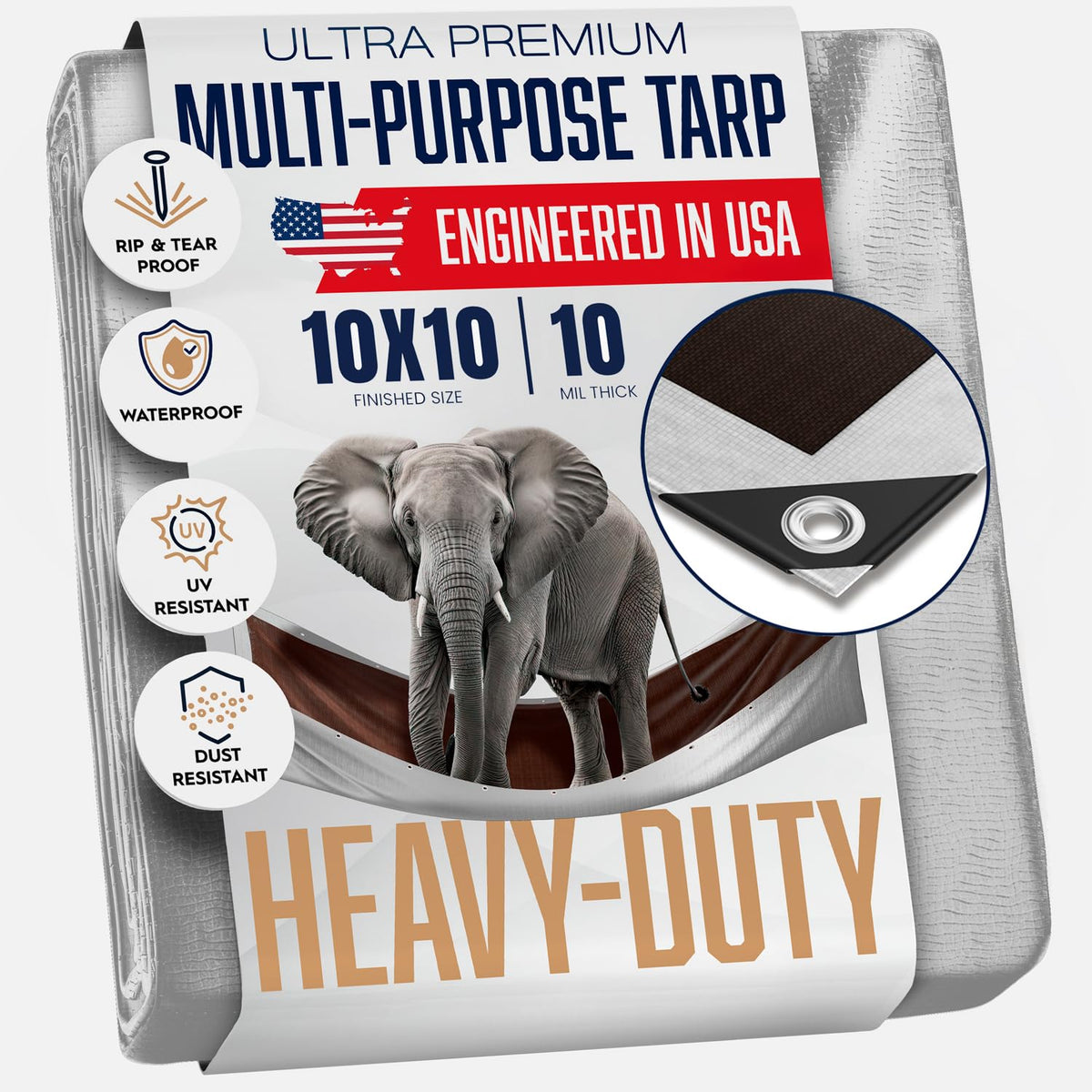 KING-A-MA-JIGS 10x10 Heavy Duty Tarp – Waterproof, UV Treated, 10 Mil, Tear & Fade Resistant with 18" Grommets