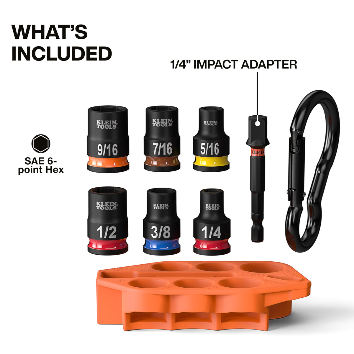 Klein Tools 33808 Grab-And-Go SAE Impact Socket Set - 7-Piece with Sleeve, Carabiner, 3/8 Drive