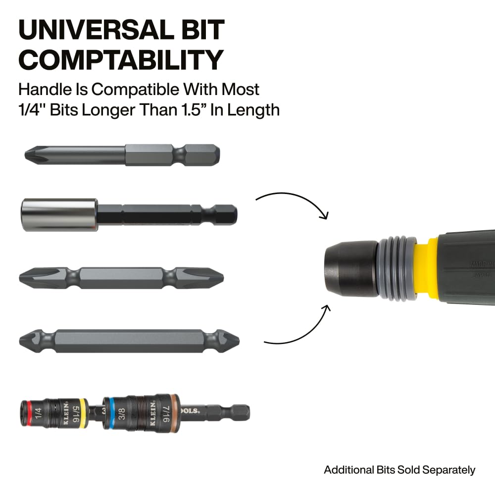 Klein Tools 32960A Fastbit Tru-Grip Screwdriver – Ball-Style Handle, Quick-Release Collar, #2 Phillips & 6 mm Slotted, 1/4-Inch Bit Compatible