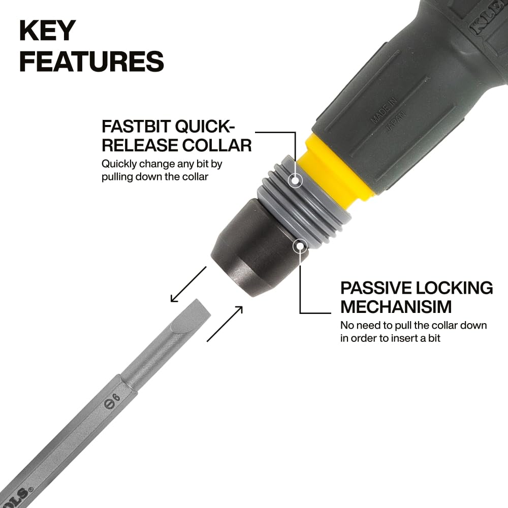 Klein Tools 32960A Fastbit Tru-Grip Screwdriver – Ball-Style Handle, Quick-Release Collar, #2 Phillips & 6 mm Slotted, 1/4-Inch Bit Compatible