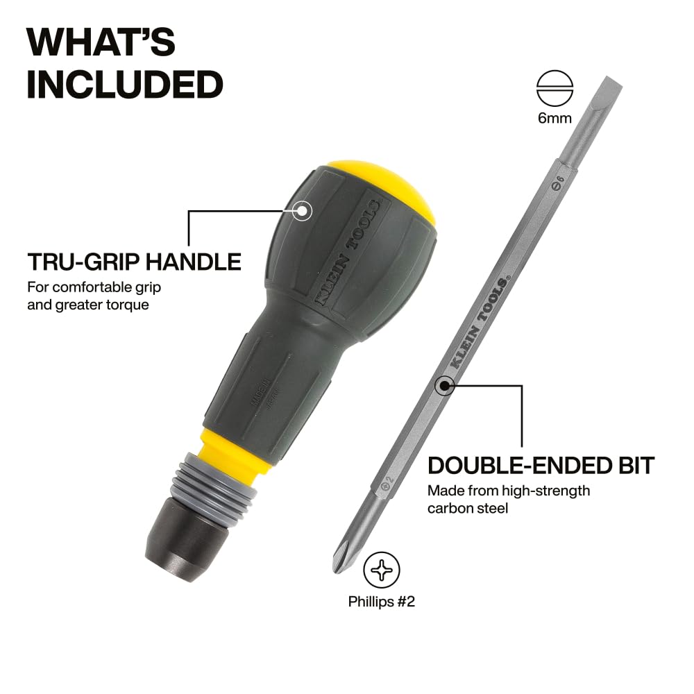 Klein Tools 32960A Fastbit Tru-Grip Screwdriver – Ball-Style Handle, Quick-Release Collar, #2 Phillips & 6 mm Slotted, 1/4-Inch Bit Compatible