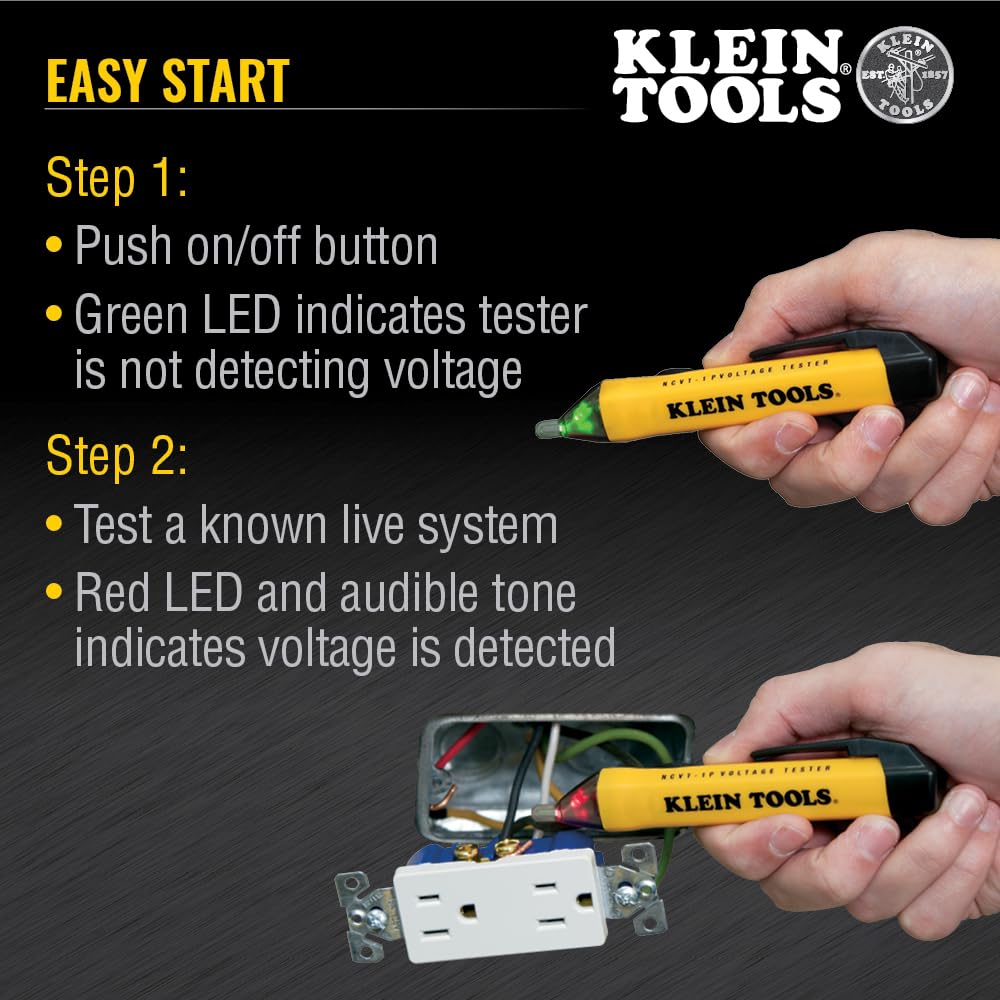Klein Tools NCVT1P Non-Contact Voltage Tester | 50–1000V AC, LED Alarm, Pocket Clip