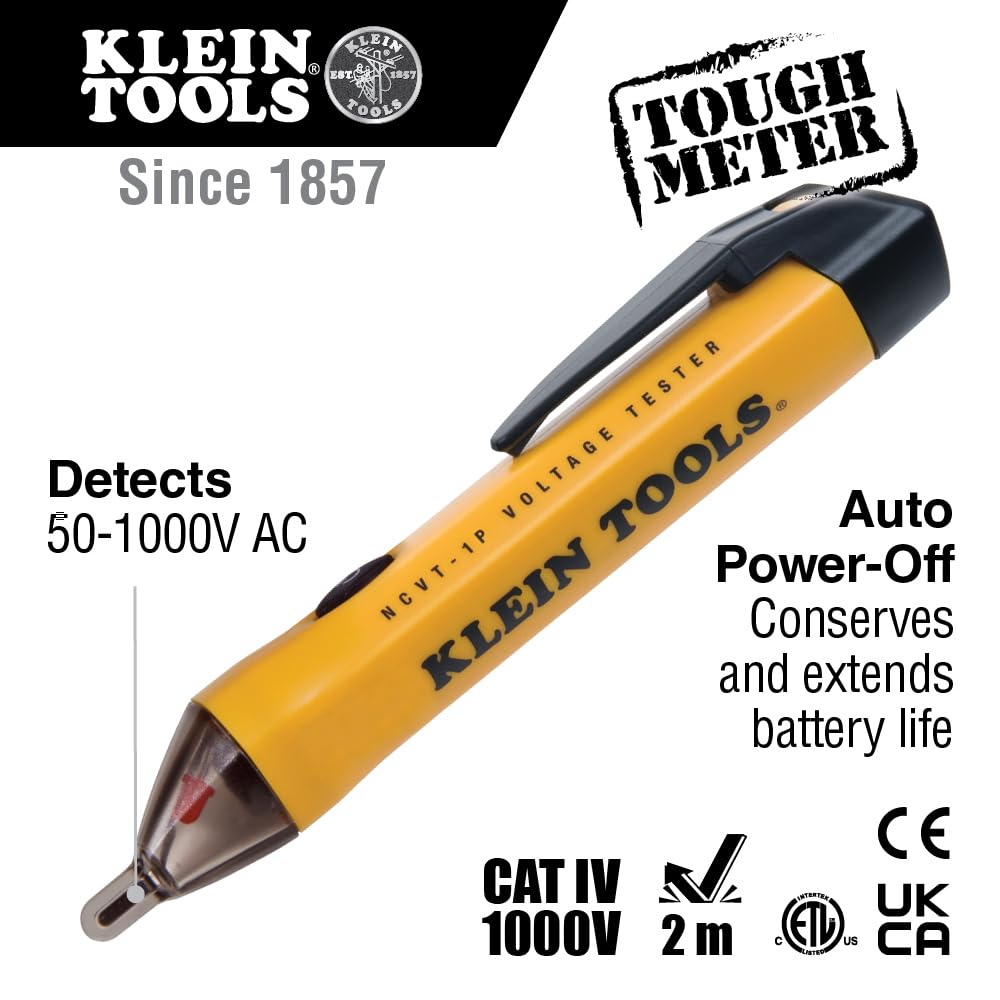 Klein Tools NCVT1P Non-Contact Voltage Tester | 50–1000V AC, LED Alarm, Pocket Clip