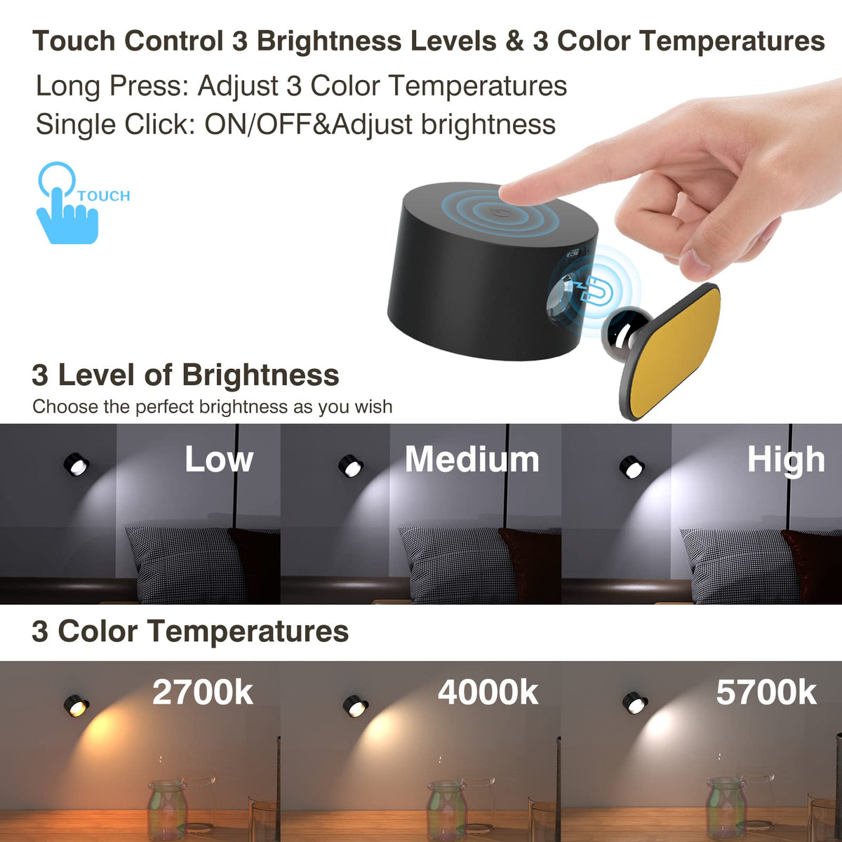 Koopala LED Reading Lights – Wall Sconces, 3 Color Temps, 3 Brightness Levels