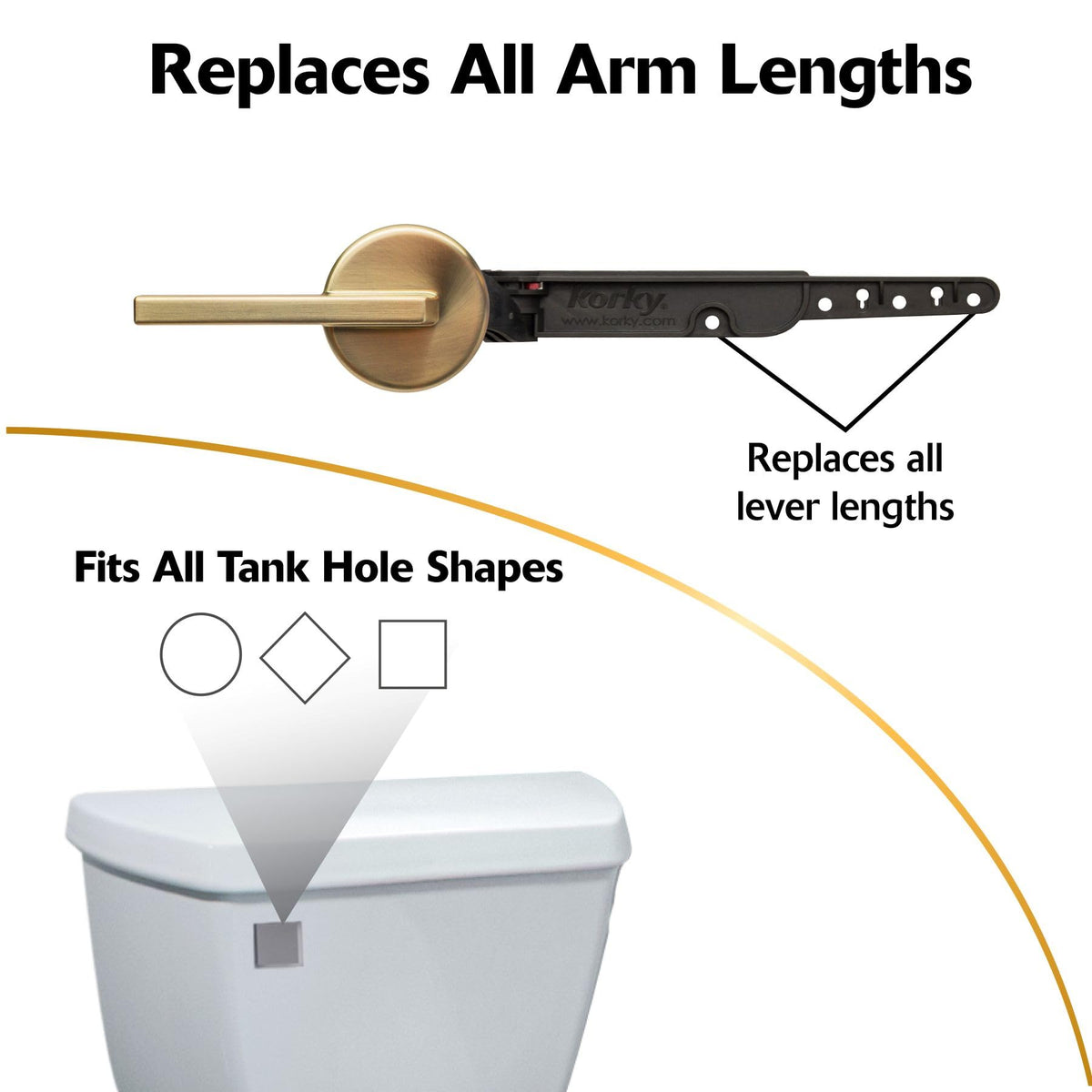 Korky StrongARM Metal Toilet Handle & Lever – Universal Front/Angled/Side Mount, Brushed Gold