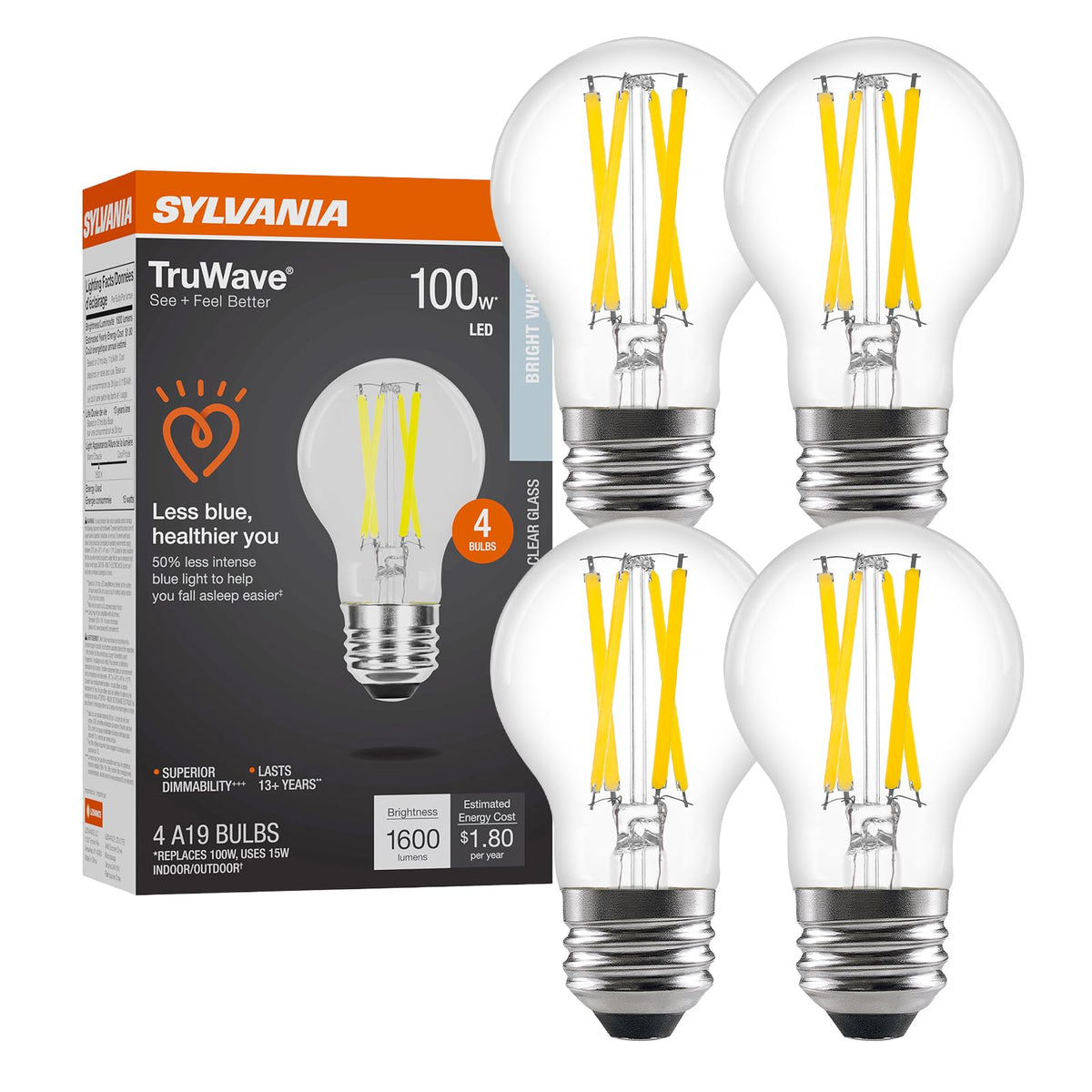 LEDVANCE Sylvania TruWave Natural A19 LED Bulbs – 100W Equivalent, 1600 lm, 3500K, Dimmable, 4 Pack